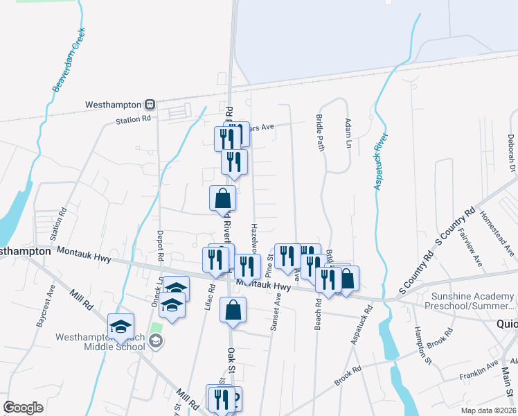 map of restaurants, bars, coffee shops, grocery stores, and more near 52 Hazelwood Avenue in Westhampton Beach