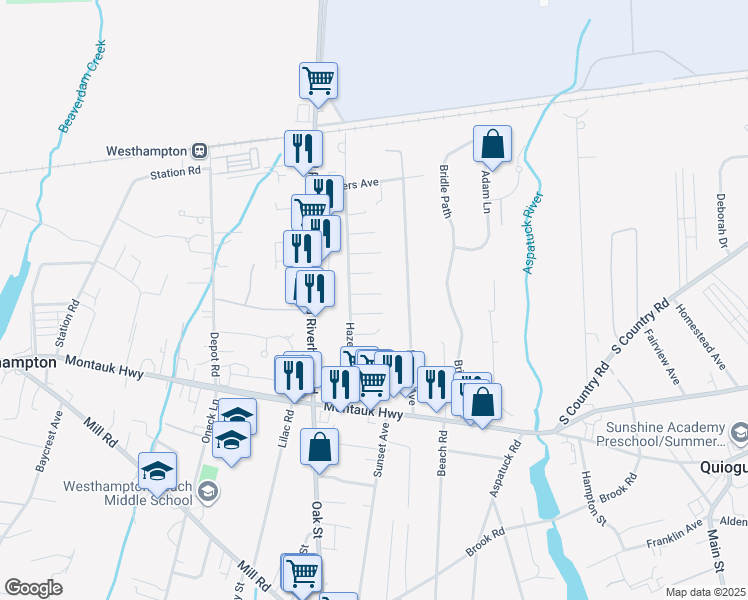 map of restaurants, bars, coffee shops, grocery stores, and more near 43 Rogers Avenue in Westhampton Beach