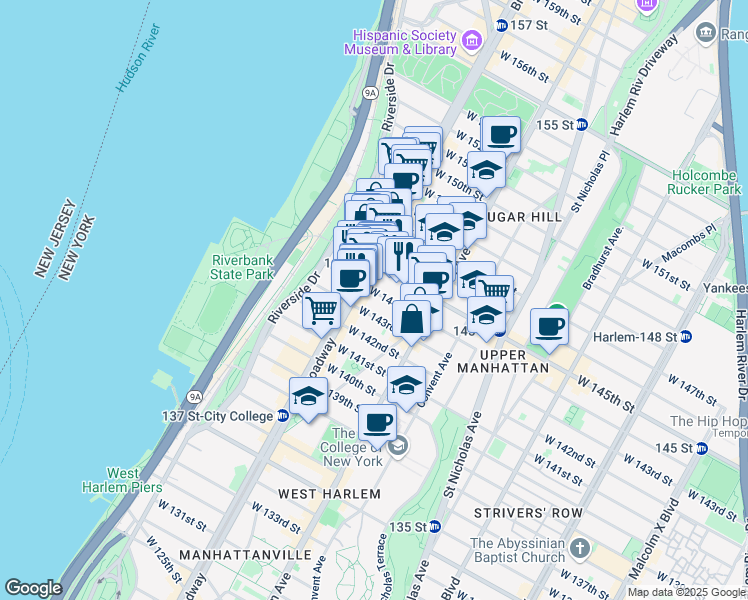 map of restaurants, bars, coffee shops, grocery stores, and more near 560 West 144th Street in New York