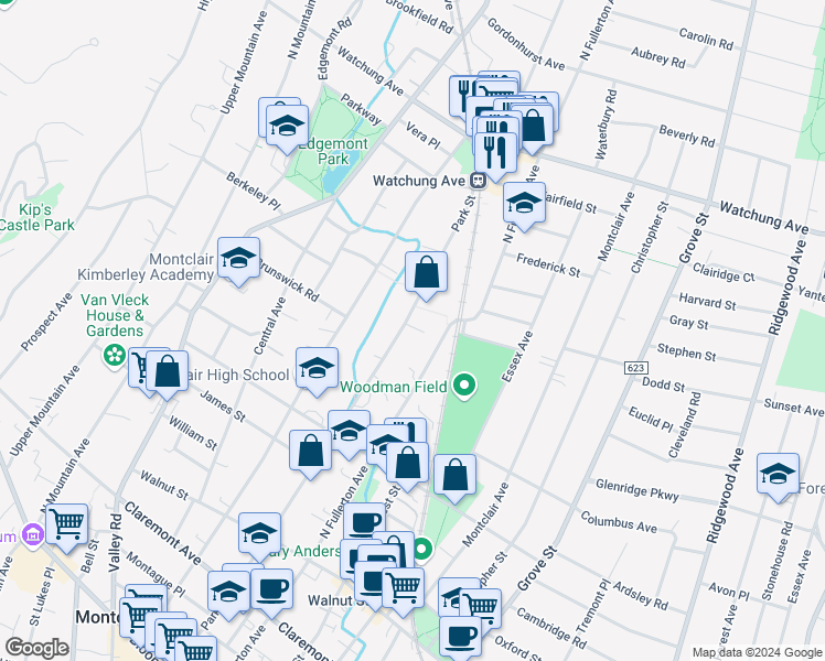 map of restaurants, bars, coffee shops, grocery stores, and more near 163 Park Street in Montclair