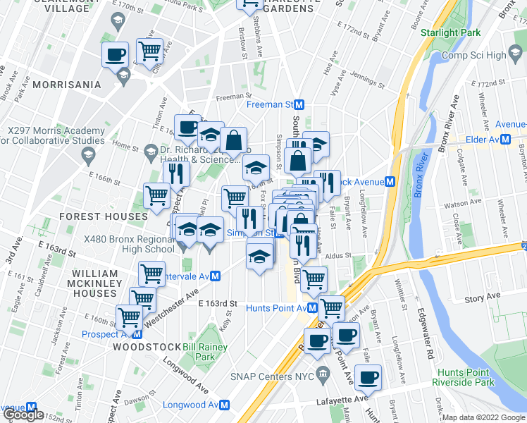 map of restaurants, bars, coffee shops, grocery stores, and more near 1049 Fox Street in Bronx