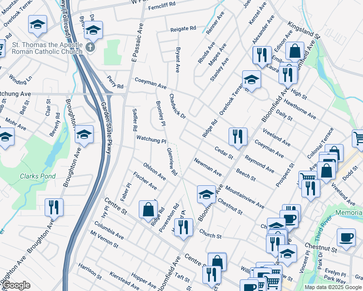 map of restaurants, bars, coffee shops, grocery stores, and more near 201 Beech Street in Bloomfield