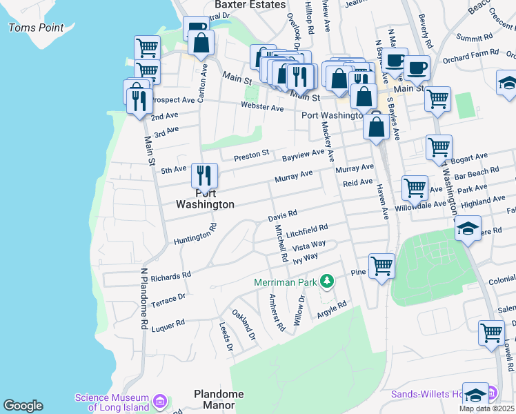 map of restaurants, bars, coffee shops, grocery stores, and more near 64 Reid Avenue in Port Washington