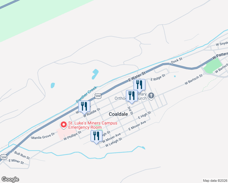 map of restaurants, bars, coffee shops, grocery stores, and more near 37 East Ridge Street in Coaldale
