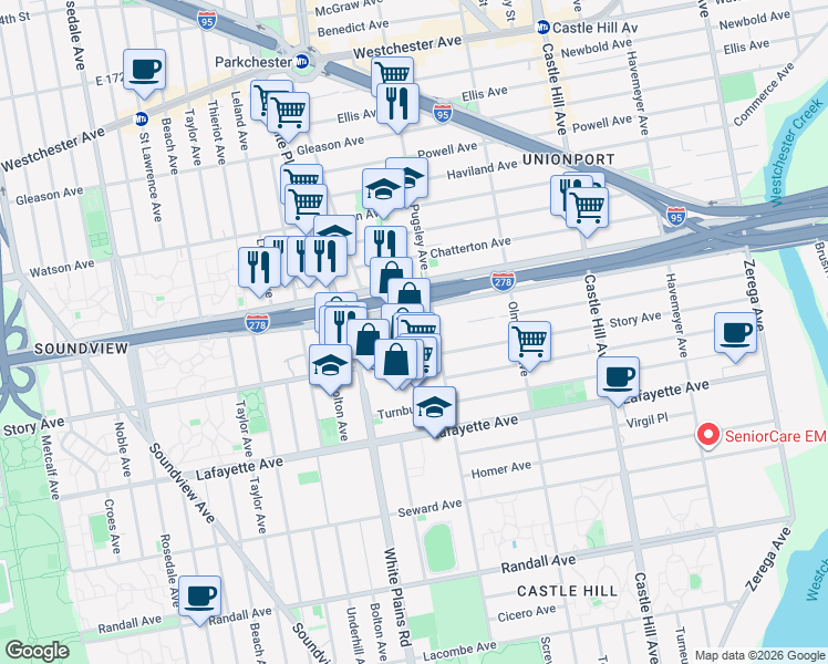 map of restaurants, bars, coffee shops, grocery stores, and more near 1998 Bruckner Boulevard in The Bronx