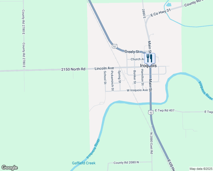 map of restaurants, bars, coffee shops, grocery stores, and more near 300 Southwest School in Iroquois