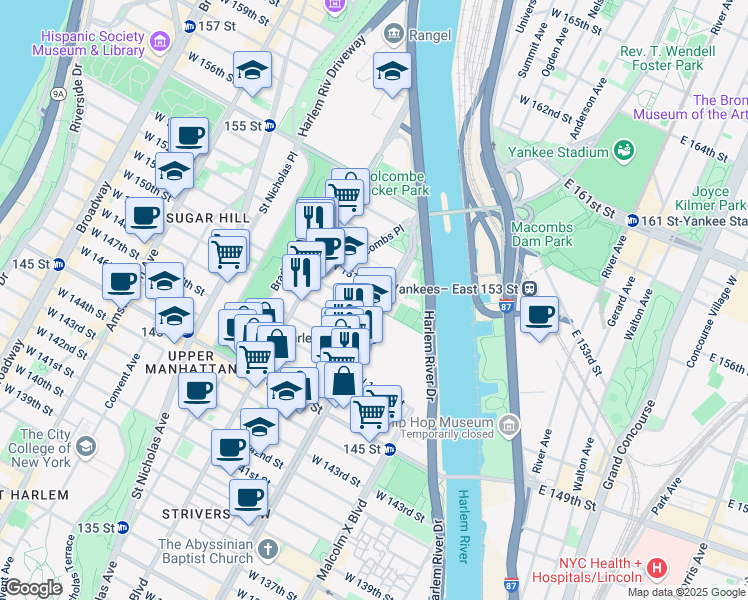 map of restaurants, bars, coffee shops, grocery stores, and more near 2471 Frederick Douglass Boulevard in New York