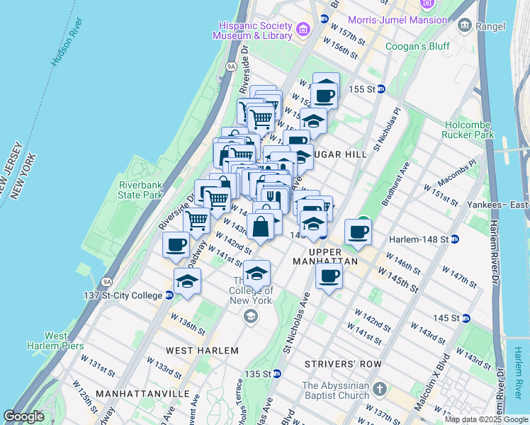 map of restaurants, bars, coffee shops, grocery stores, and more near 517 West 144th Street in New York