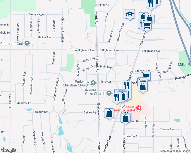 map of restaurants, bars, coffee shops, grocery stores, and more near 2030 Burbank Road in Wooster
