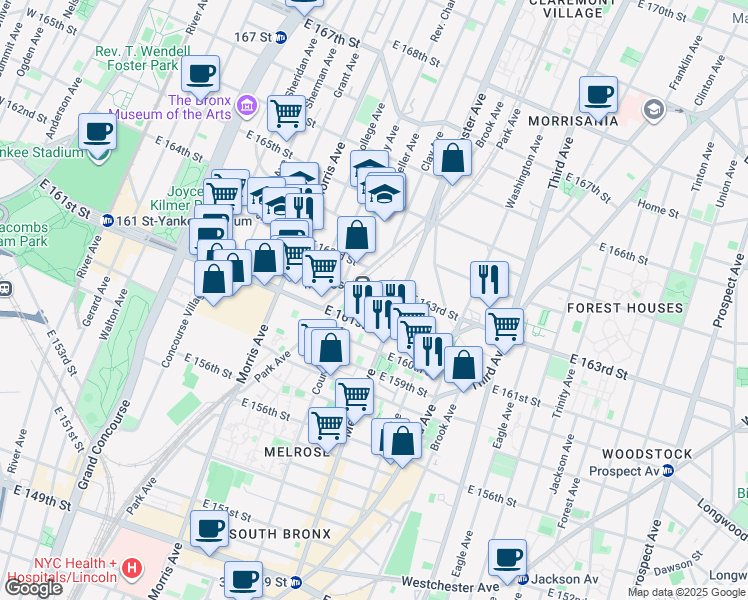 map of restaurants, bars, coffee shops, grocery stores, and more near 363 East 162nd Street in The Bronx