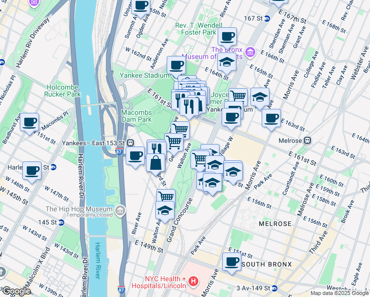 map of restaurants, bars, coffee shops, grocery stores, and more near 129 East 157th Street in The Bronx
