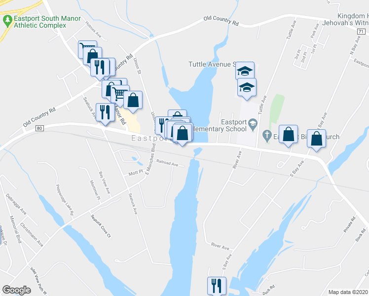 map of restaurants, bars, coffee shops, grocery stores, and more near 491 Montauk Highway in Eastport