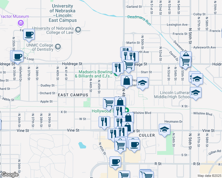map of restaurants, bars, coffee shops, grocery stores, and more near 4640 Orchard Street in Lincoln
