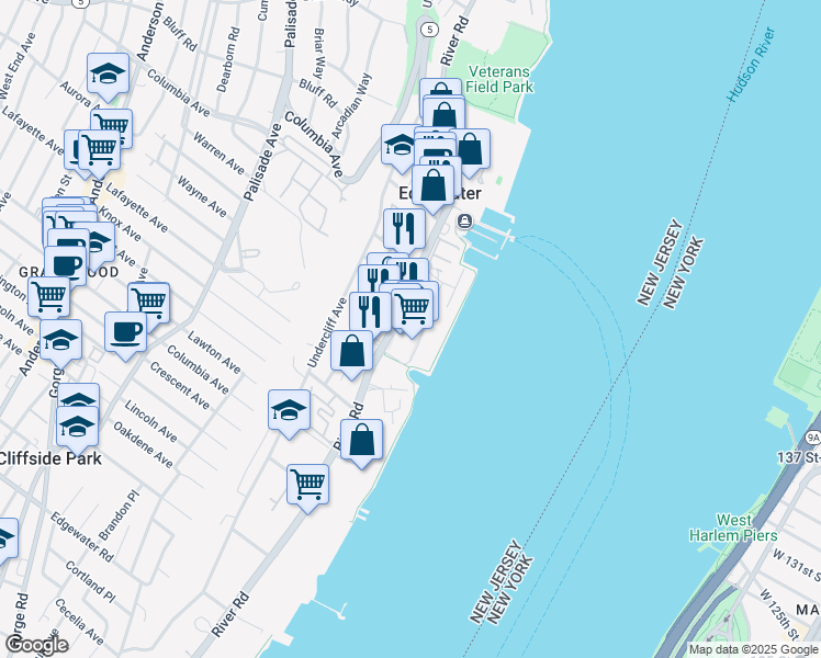 map of restaurants, bars, coffee shops, grocery stores, and more near 905 River Road in Edgewater