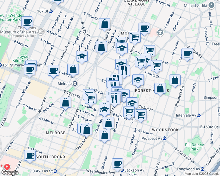 map of restaurants, bars, coffee shops, grocery stores, and more near 972 Washington Avenue in Bronx
