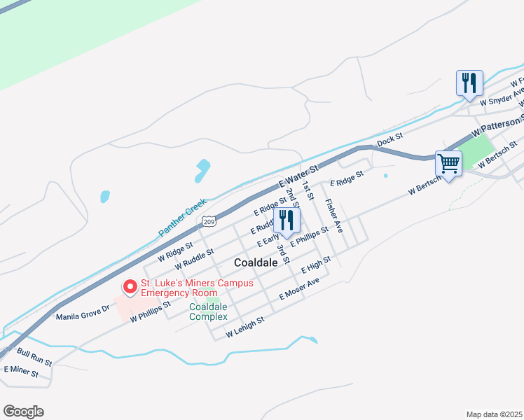map of restaurants, bars, coffee shops, grocery stores, and more near 40 East Ridge Street in Coaldale