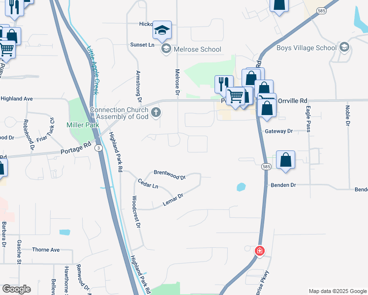 map of restaurants, bars, coffee shops, grocery stores, and more near 2050 Williams Way in Wooster