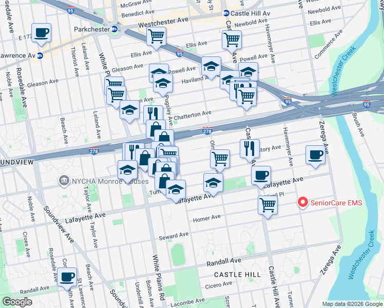 map of restaurants, bars, coffee shops, grocery stores, and more near 2045 Story Avenue in Bronx