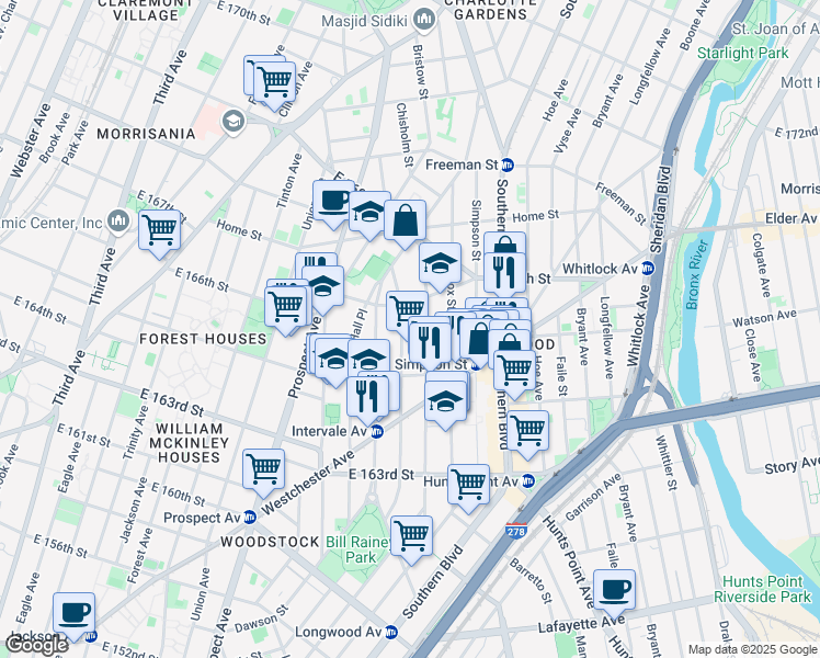 map of restaurants, bars, coffee shops, grocery stores, and more near 1075 Kelly Street in Bronx