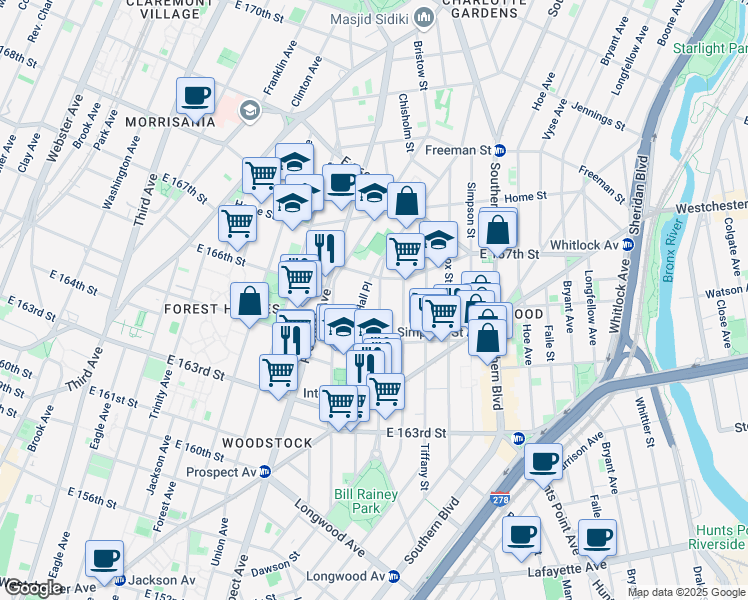 map of restaurants, bars, coffee shops, grocery stores, and more near in Bronx