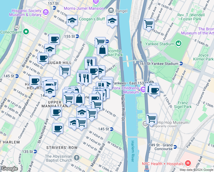 map of restaurants, bars, coffee shops, grocery stores, and more near 2620 Adam Clayton Powell Junior Boulevard in New York