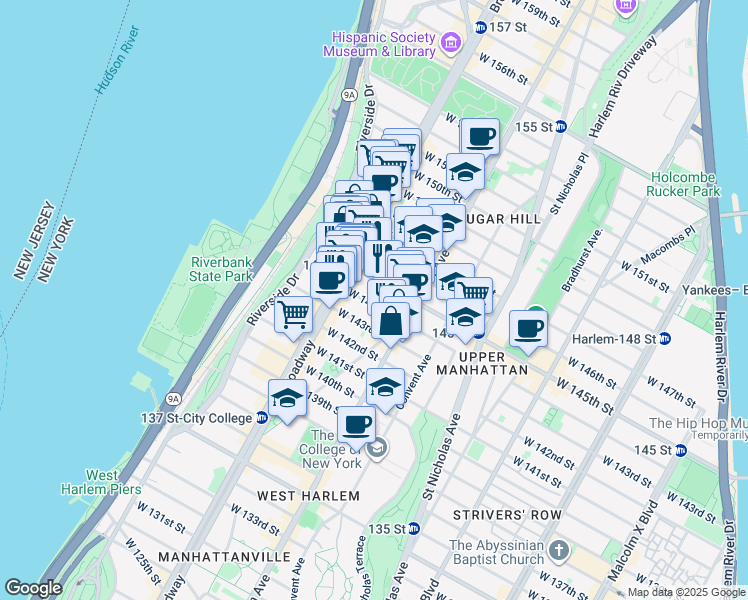 map of restaurants, bars, coffee shops, grocery stores, and more near 557 West 144th Street in New York