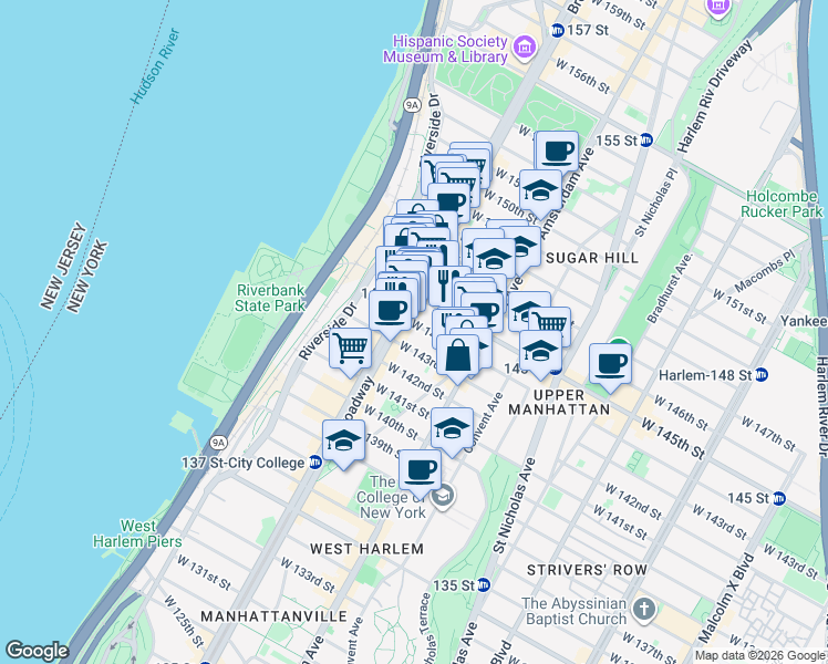 map of restaurants, bars, coffee shops, grocery stores, and more near 557 West 144th Street in New York
