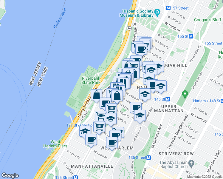 map of restaurants, bars, coffee shops, grocery stores, and more near in New York