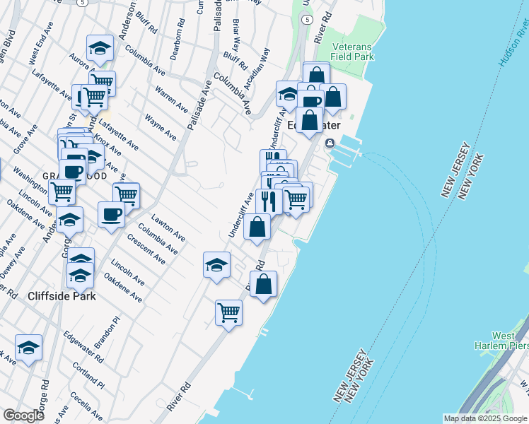 map of restaurants, bars, coffee shops, grocery stores, and more near 63 Edgewater Place in Edgewater