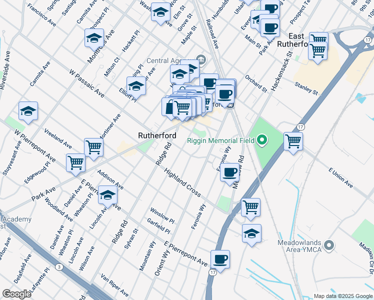 map of restaurants, bars, coffee shops, grocery stores, and more near 61 Sylvan Street in Rutherford