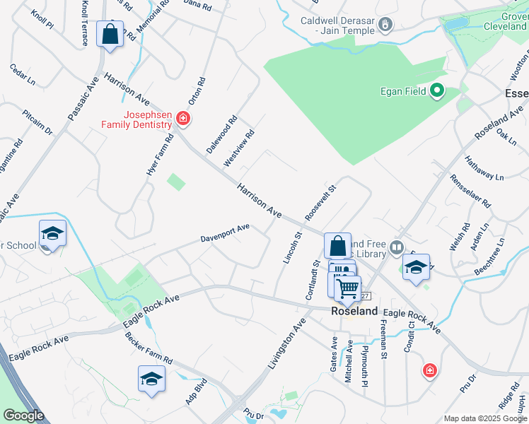 map of restaurants, bars, coffee shops, grocery stores, and more near 120 Harrison Avenue in Roseland