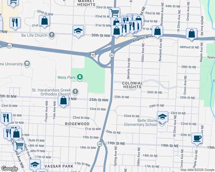 map of restaurants, bars, coffee shops, grocery stores, and more near 2607 Market Avenue North in Canton