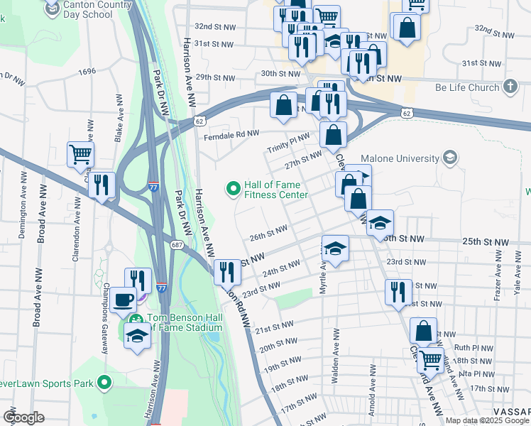 map of restaurants, bars, coffee shops, grocery stores, and more near 2642 Caprice Avenue Northwest in Canton