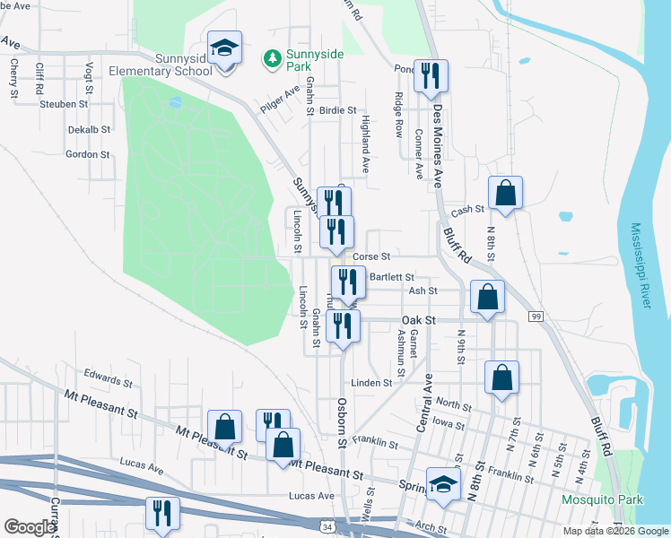 map of restaurants, bars, coffee shops, grocery stores, and more near 1305 Corse Street in Burlington