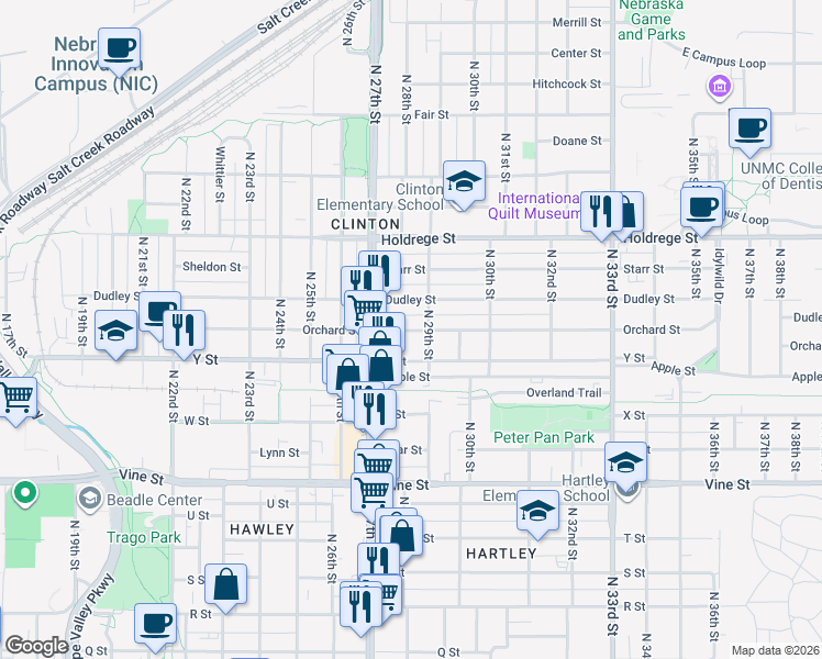 map of restaurants, bars, coffee shops, grocery stores, and more near 2808 Orchard Street in Lincoln