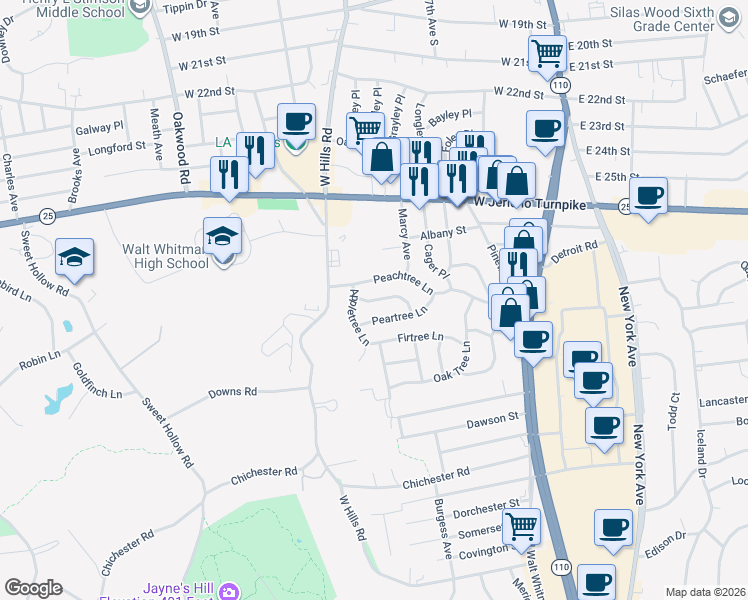 map of restaurants, bars, coffee shops, grocery stores, and more near 12 Elmtree Lane in Huntington Station