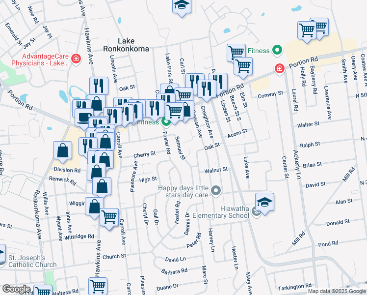 map of restaurants, bars, coffee shops, grocery stores, and more near 62 Samuel Street in Lake Ronkonkoma
