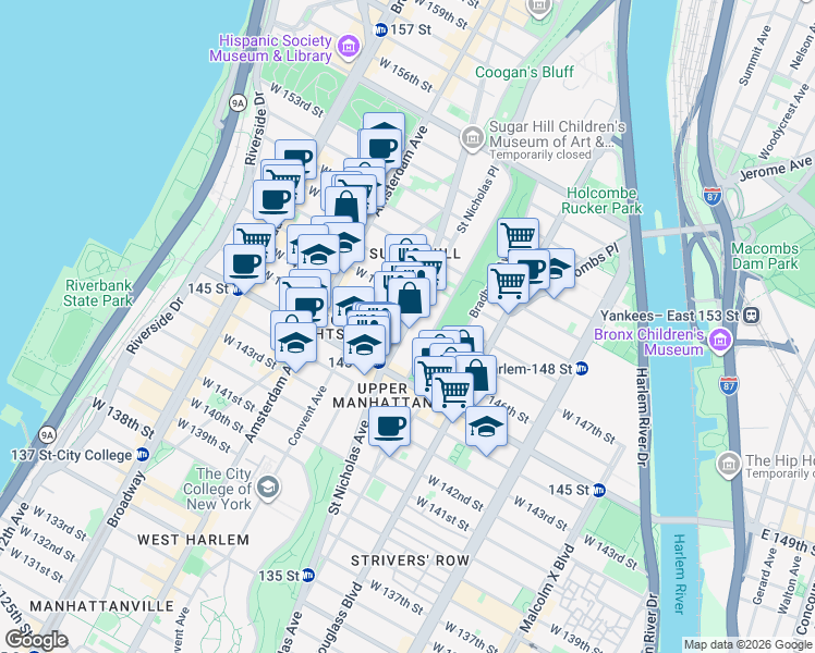 map of restaurants, bars, coffee shops, grocery stores, and more near West 147th Street in New York