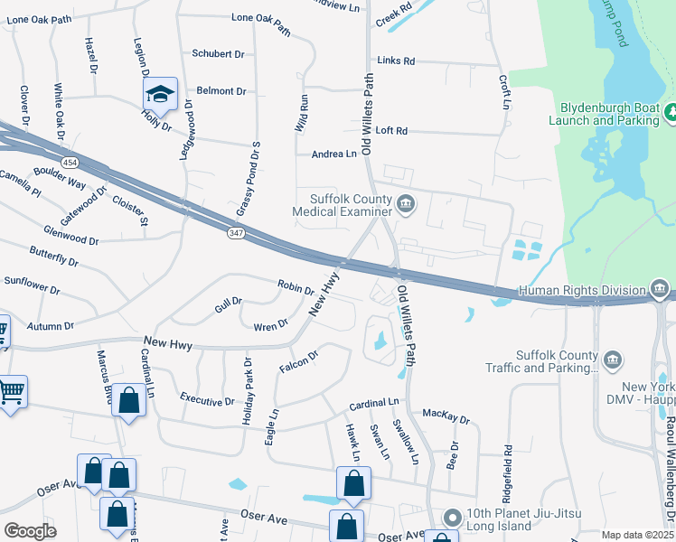 map of restaurants, bars, coffee shops, grocery stores, and more near 668 New Highway in Hauppauge