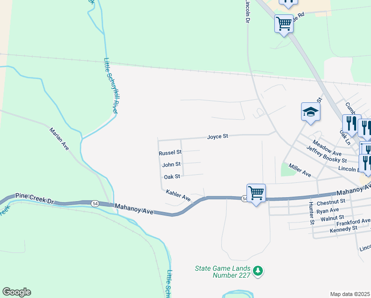 map of restaurants, bars, coffee shops, grocery stores, and more near 21 East Russel Street in Saint Clair