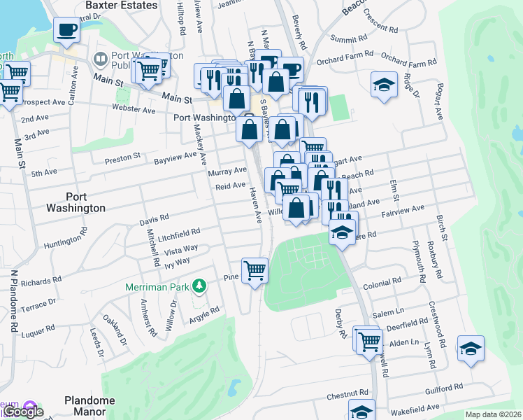 map of restaurants, bars, coffee shops, grocery stores, and more near 50 Davis Road in Port Washington