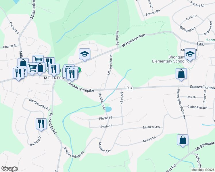 map of restaurants, bars, coffee shops, grocery stores, and more near 25 Mount Freedom Road in Randolph