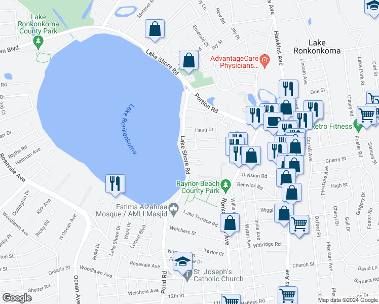 map of restaurants, bars, coffee shops, grocery stores, and more near 2 Harding Road in Ronkonkoma