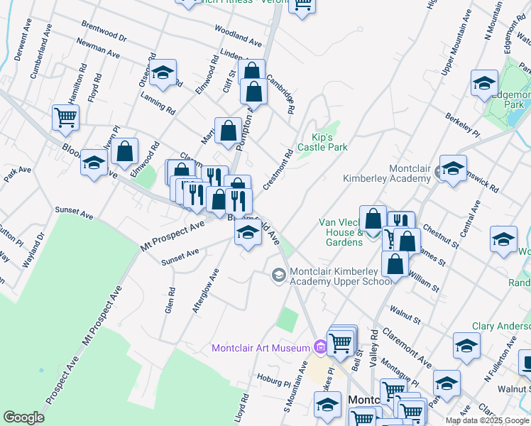 map of restaurants, bars, coffee shops, grocery stores, and more near 415 Claremont Avenue in Montclair