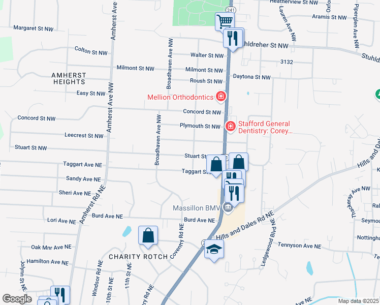 map of restaurants, bars, coffee shops, grocery stores, and more near 1274 Stuart Street Northwest in Massillon