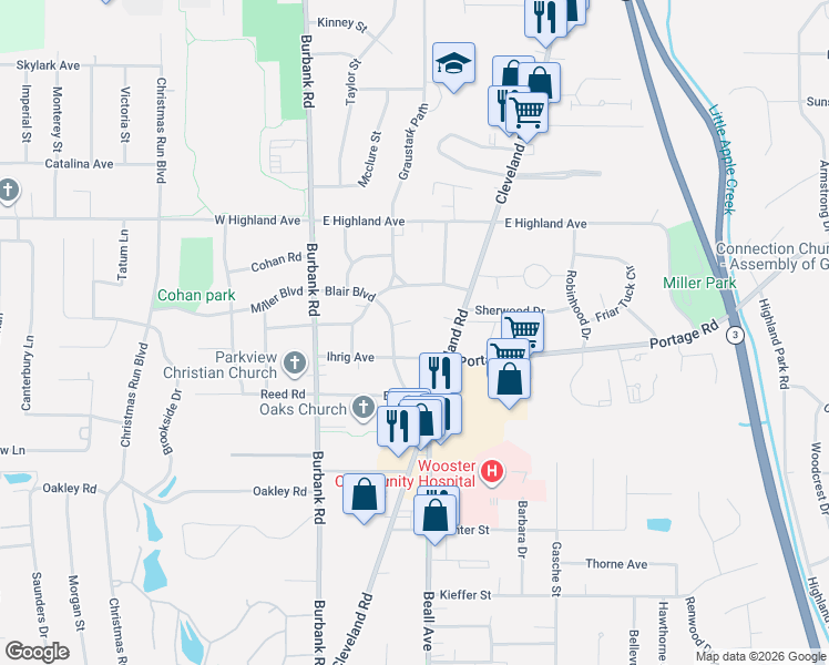 map of restaurants, bars, coffee shops, grocery stores, and more near 426 Barrett Circle in Wooster