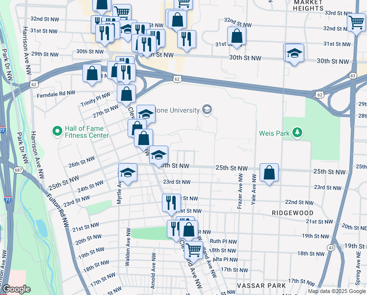 map of restaurants, bars, coffee shops, grocery stores, and more near 917 Woodward Place Northwest in Canton