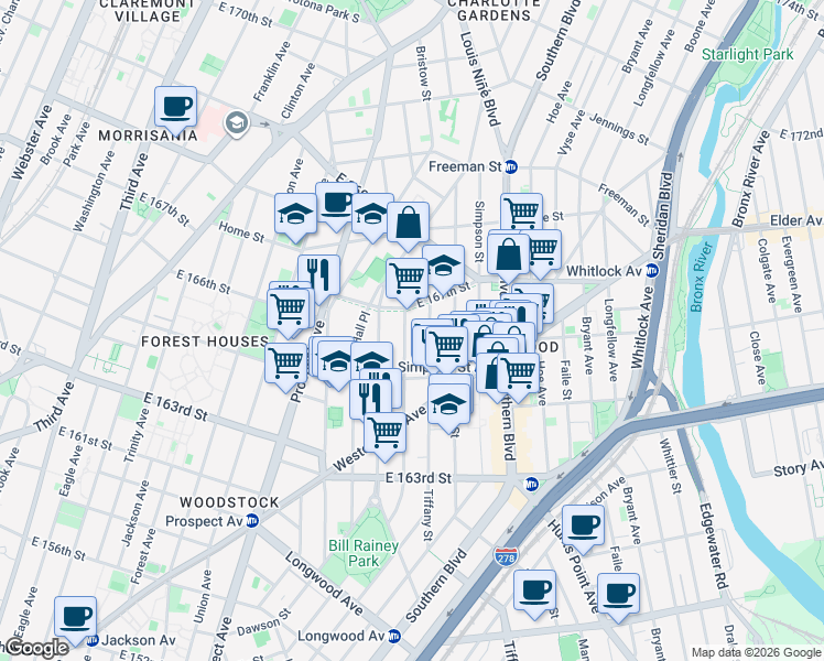 map of restaurants, bars, coffee shops, grocery stores, and more near 1075 Kelly Street in Bronx