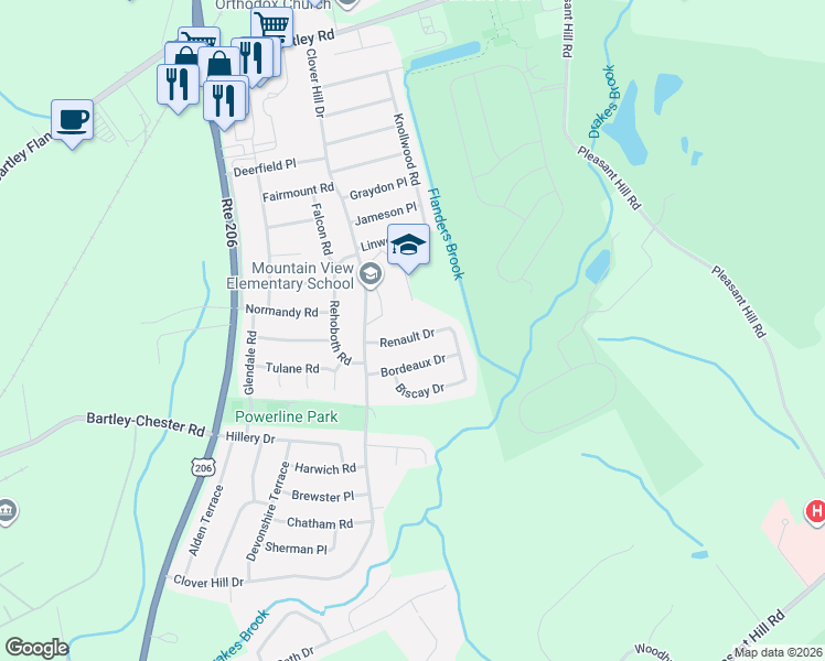 map of restaurants, bars, coffee shops, grocery stores, and more near 15 Renault Drive in Mount Olive
