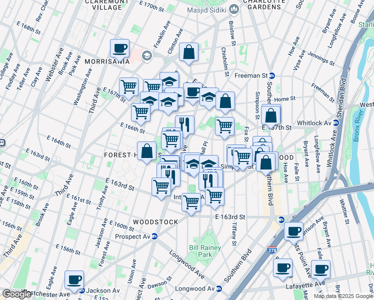 map of restaurants, bars, coffee shops, grocery stores, and more near 1136 Prospect Avenue in The Bronx